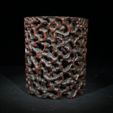 6.3" Collect Chinese Old Bamboo Hollow Out Carving Brush Pot