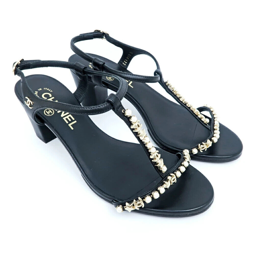 CHANEL G36122 Leather Strap Sandals 37.5C Black Authentic CHANEL G36122 Leather Strap Sandals 37.5C Black Authentic