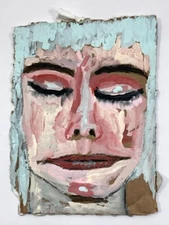 Quirky Outsider Art Blue Woman Original Naive Portrait Painting on Cardboard