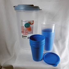 Plastic Pitcher 2 Quart w/ Lid and 6 Cups Blue w/Cup holder