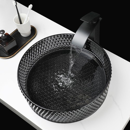 Black Bathroom Vessel Sink Round Tempered Glass Basin Mixer Deck Mount Drain Tap - Picture 8 of 13