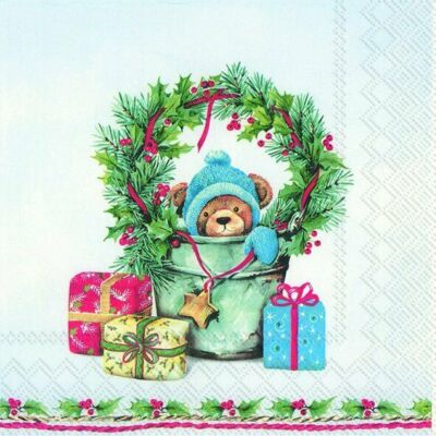 HELLO TEDDY hellblau Weihnachtspapier 33 cm quadratisch 3-lagig Servietten 20er Pack