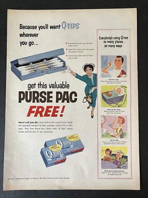 1957 Q-Tips Wherever You Go Valuable Purse Pac Color Vintage Print Ad