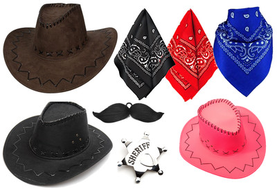 COWBOY KOSTÜM AUSSUCHEN HUT SCHNURRBART BANDANA SHERIFF WEST POSTEN