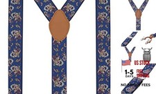 Men s Y-Shaped Heavy Duty Suspenders 6 Metal Clips, Elastic Navy Paisley