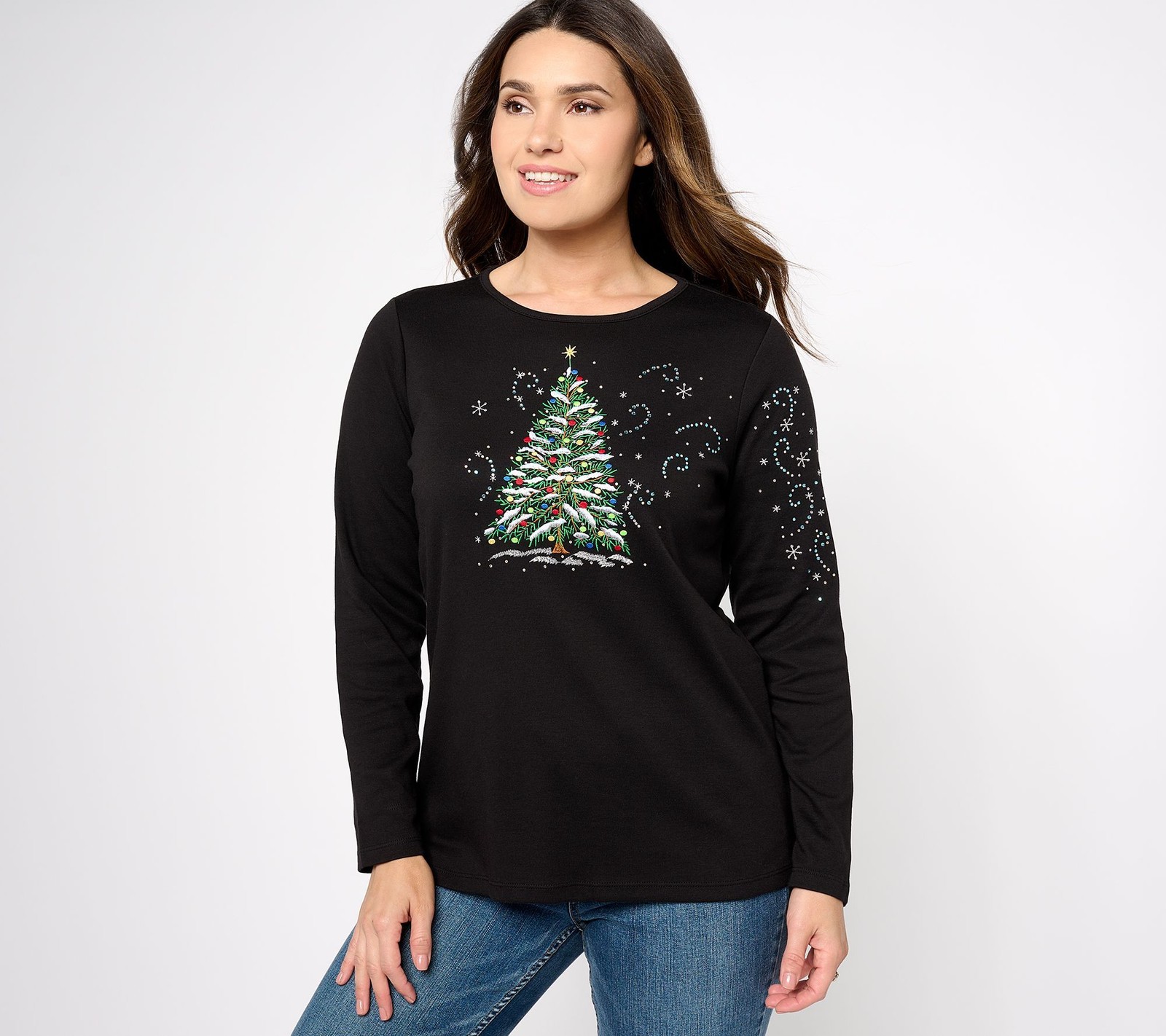 Quacker Factory Women's Top Plus Sz 1X Christmas Long-Sleeve Black A623530