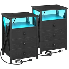 Night Stand Set 2, LED Nightstand with Charging Station, End Side Tables with...