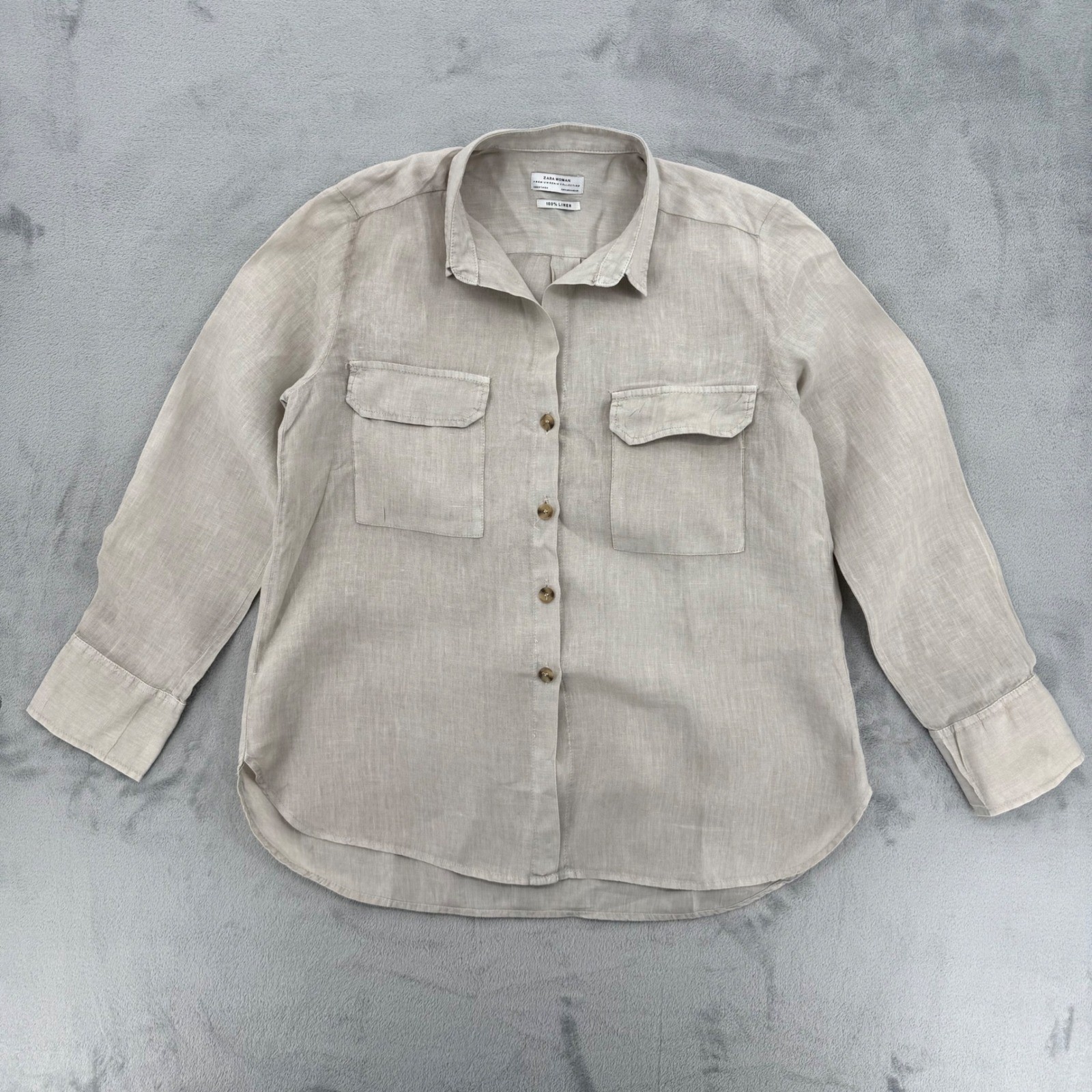 Zara Woman 100% Linen Beige Button Down Shirt Long Sleeve Pocket Top Size M thumbnail 2
