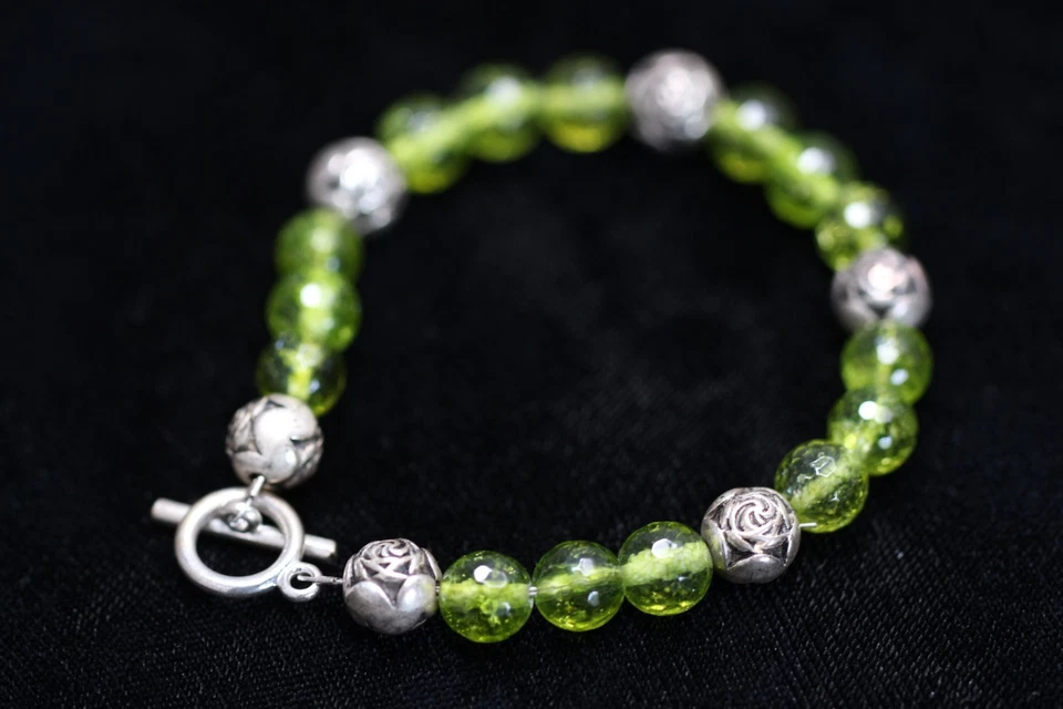 Peridot Faceted 8mm Ball Natural Green Gemstone Bracelet Rose Spacers 7 1/2" - Image 2 of 3