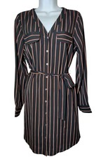 Skies Are Blue Black Orange Striped Roll-tab Belted Shirt Dress Knee Length S
