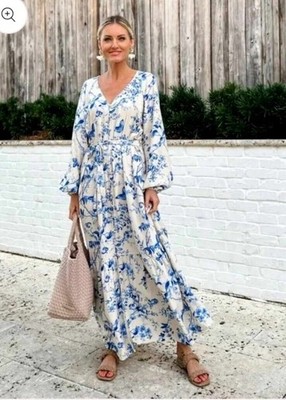 H&M XXL Ivory White Blue Floral Butterfly Long Maxi Kaftan Dress Boho Garden