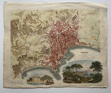 Antica incisione su acciaio acquerellata Metà ‘800 Pianta della città di Napoli