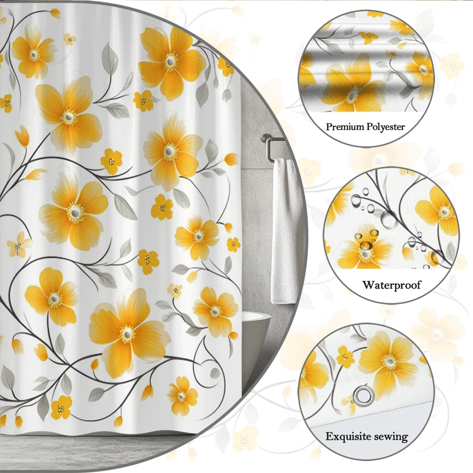 Cortina de Ducha Floral Amarilla Moderna Diseño Floreciente Alegre Primavera Foto 3 de 4