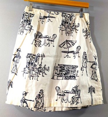 Vtg Talbots Off White/Black/Gray Paris Sidewalk Cafe Print Side Zip Skirt Sz 6p