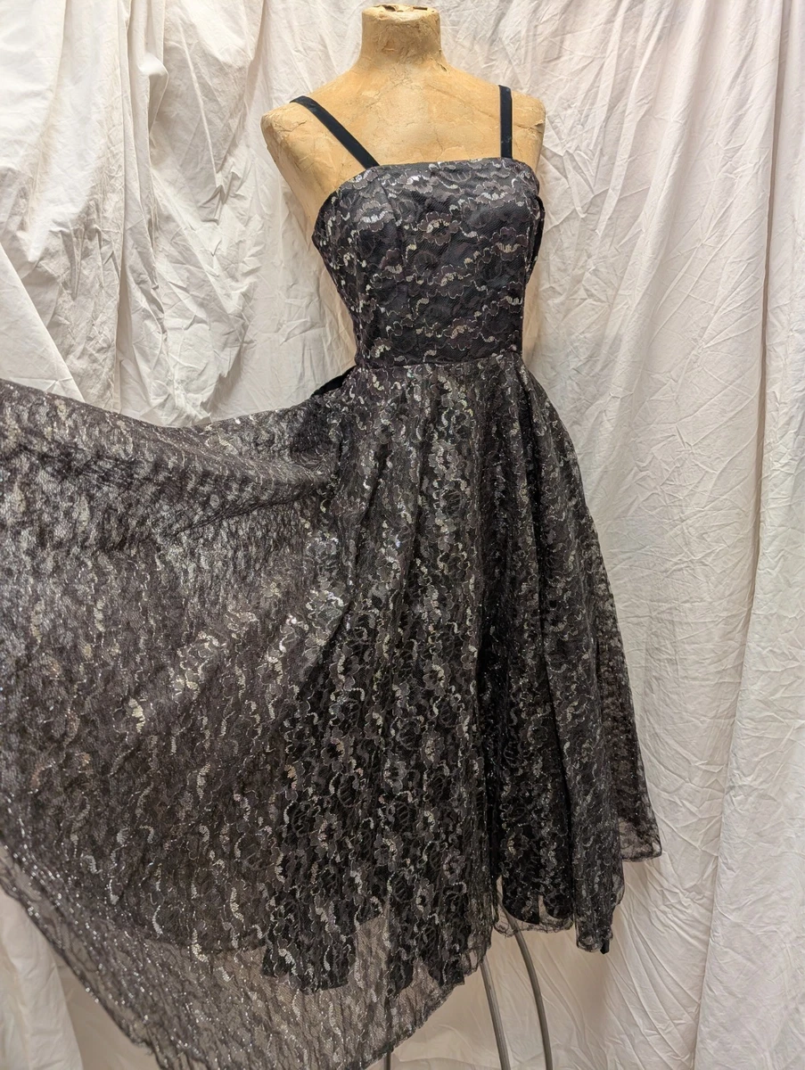 silver 50s dress Pewter Shot Taffeta V-neck Tea Length Swing Dress - 1950s Dress