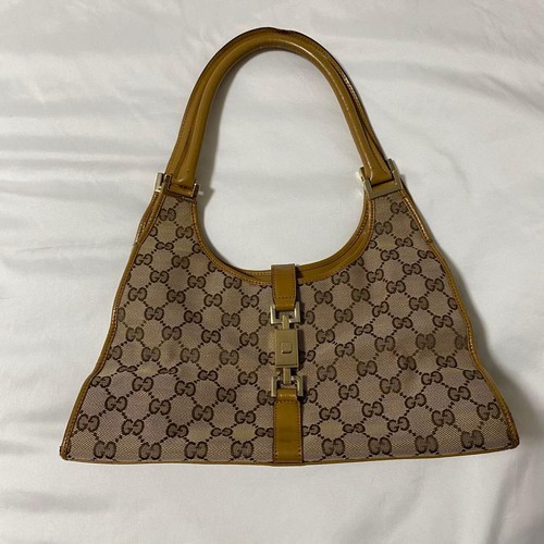GUCCI GG Shoulder Hand Bag Turnlock Leather Canvas Brown Beige Gold Hardware