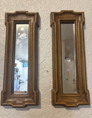 Set of 2 Brown Wood-Tone Framed Rectangular Wall Mirrors Vertical Traditional