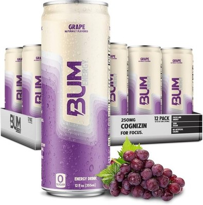 BUM Sugar-Free Energy Drink, Grape - Lightly Carbonated 12 pack