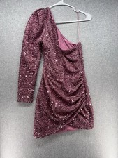 FashionNova Womens Dress Size S One-Strap Long Sleeves Sparkly Sequins Zip Pink