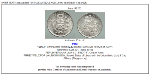 1906JF PÉROU Amérique du Sud liquidation VINTAGE ANCIENNE pièce dargent liberté i92253