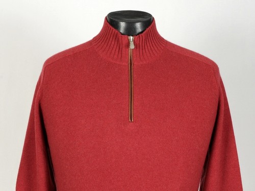 Brunello Cucinelli 100% Cashmere / Leather 1/2 Zip Sweater - Red M $2250 Retail - Picture 6 of 17