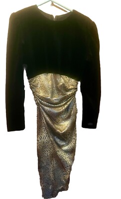 Expo Nite Dress Black Velvet Gold Metallic Bodycon Cocktail Y2K Ruched XS 0-2