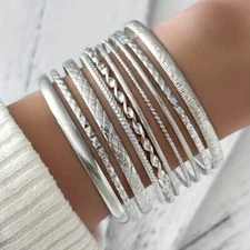 10 Bangle Silver Bracelets Stackable Adjustable Lot As Shown
