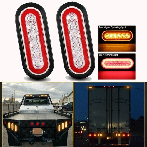 2x Oval LED Tail Lights Truck Trailer Stop Turn Backup Light Lamp 6'' Red Amber - Picture 2 of 10