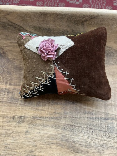 Primitive Stitchery Antique Crazy Quilt Ribbon Rose Embroidery Tuck Ornie 1800s