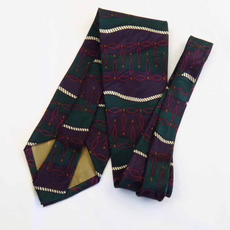 Free Man одежда фиолетовый зеленый Ichthys узор Иисус рыбы узор мужской галстук 58 x 4 - Изображение 4 из 4