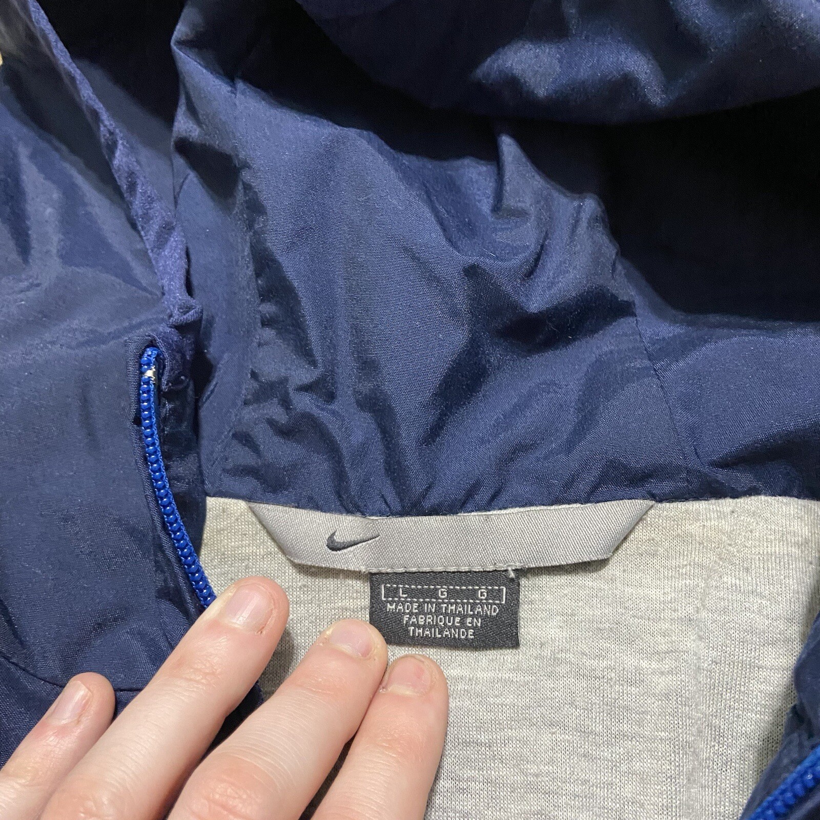 SACAI X NIKE Giacca a vento vintage Nike con cappuccio zip intera uomo L blu foderata in nylon anni 90