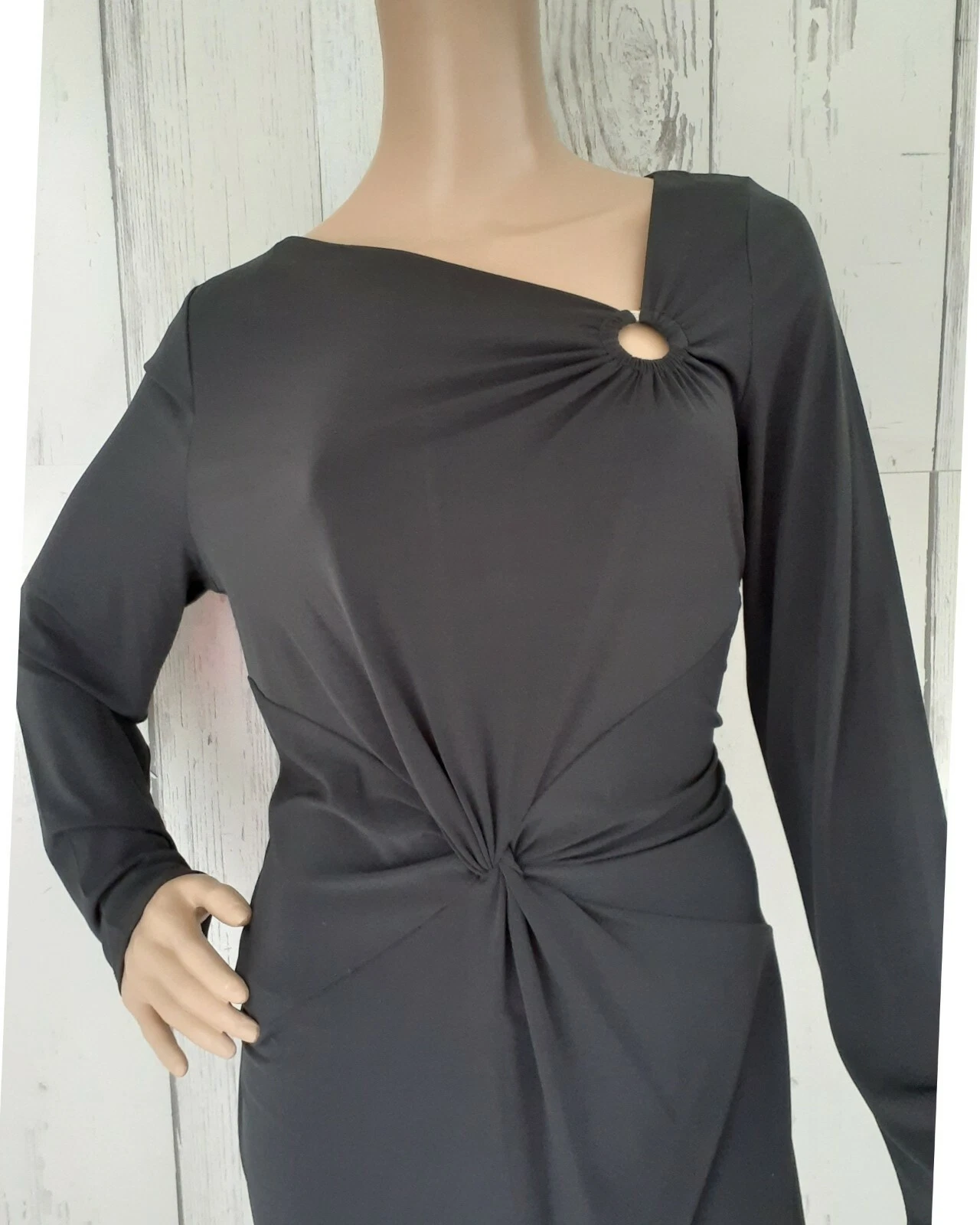 Abito Michael Kors grigio antracite manica lunga attorcigliato nodo O ring elasticizzato L $130