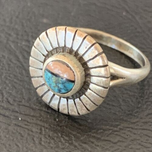 Womens Blue Turquoise & Pink Coral Southwestern Navajo Inlay Ring Size 5.5 11171 - Picture 11 of 12