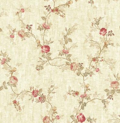 Wallpaper Red Pink Taupe Tan Floral Vine on Tan Gold Faux, 56 Sq Ft Bolt