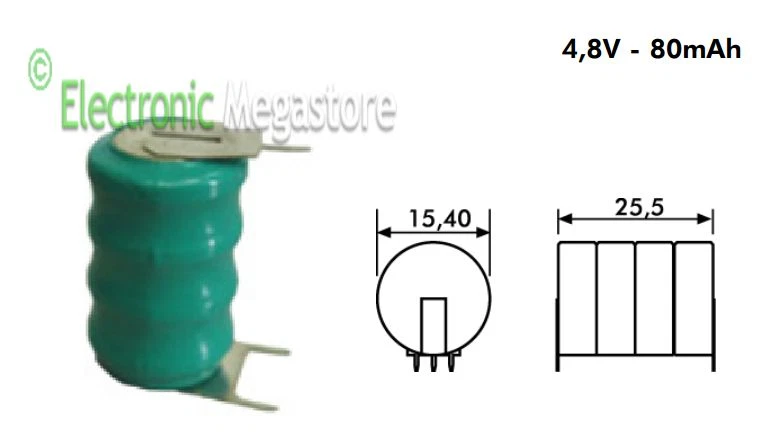 FLA-ELECTRONIC BATTERIA RICARICABILE NI-MH 4,8V 80mAh CIRCUITO STAMPATO 25,5x15,4mm BC3015-08
