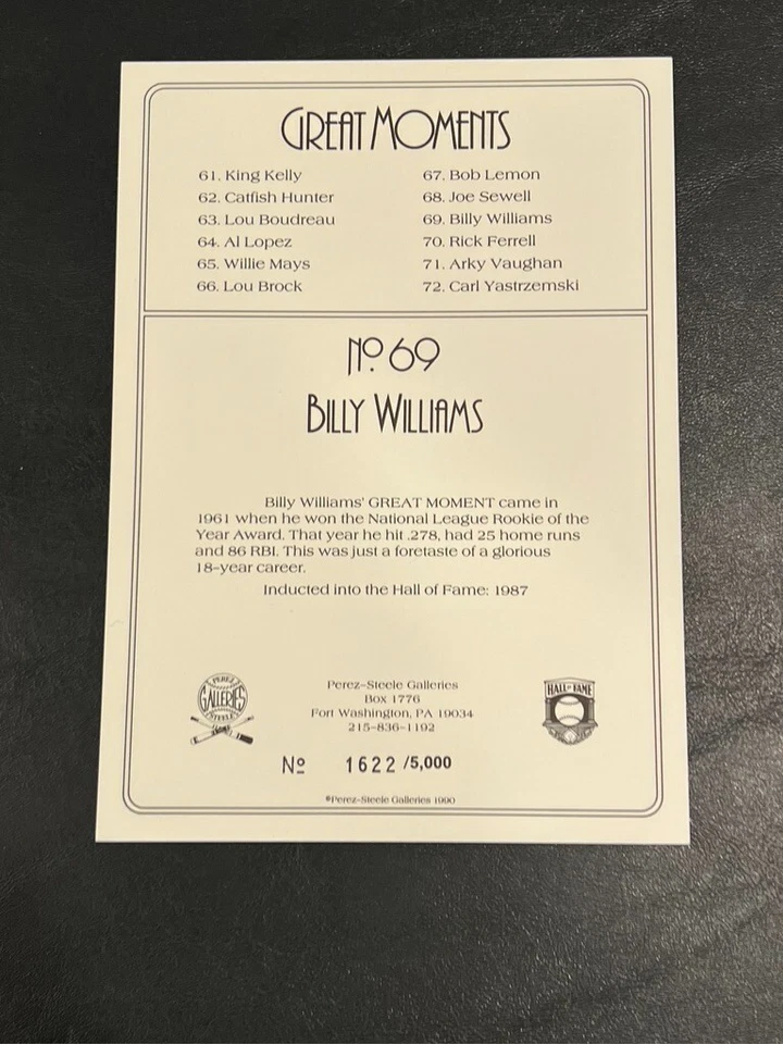 Billy Williams Hand Signed Baseball Perez-Steele Great Moments LE /5000 - Image 3 of 3