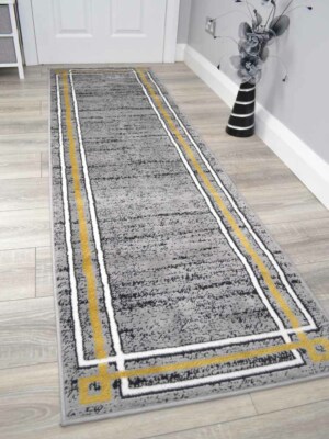 Neu Ocker Gold Bordüre Hell Modern Teppiche Klein Großfläche Wohnzimmer Läufer Kuschelig