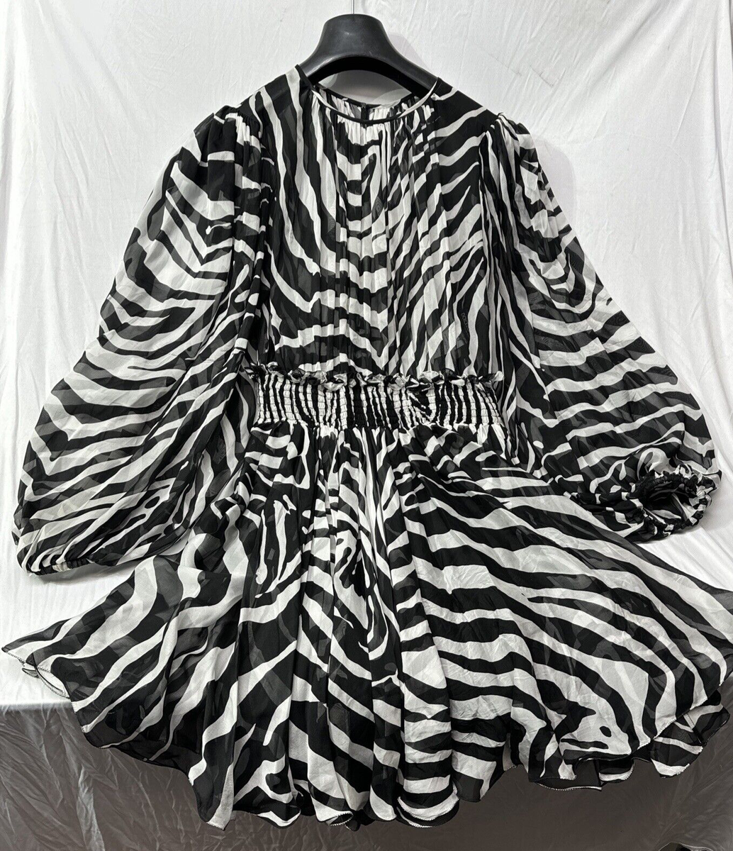 DOLCE & GABBANA White & Black Zebra Silk Midi Belt Dress 42IT UK10