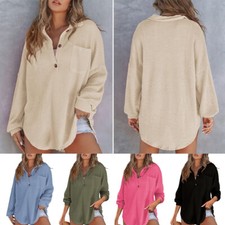 Women Long Sleeve T-Shirt Loose Fit Waffle Tee Tops=Lapel Pullover-Blouse-Casual