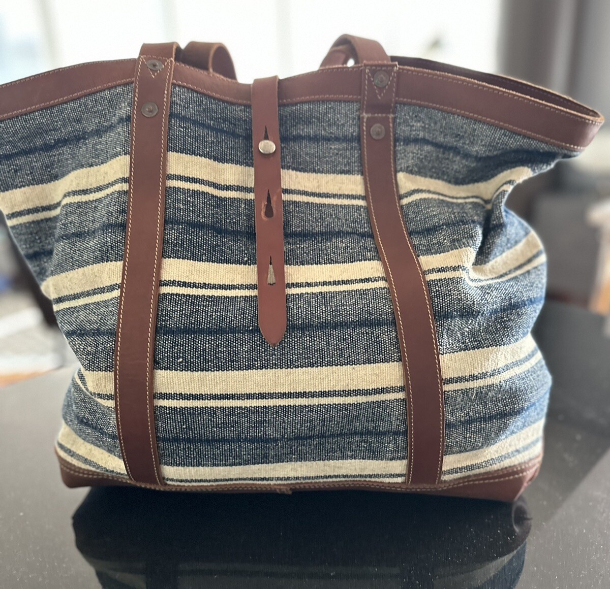 New. Ralph Lauren RRL Indigo Striped Cotton Canvas Leather Tote