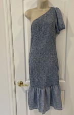 Fashion Blue L Smocked One Shoulder White Print Stretchy Short Sleeve Midi