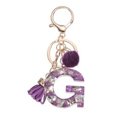 Initial Letter Keychain, Cute Alphabet Letter-G Charm with Tassel Ball, Purple