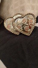 Double Heart Buckle Pink Flowers Gold Leaves W Brand USA Made Great  B77 