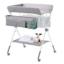VEVOR Table à Langer Pliable Bébé avec Panier Latéral et Roulettes Gris Clair