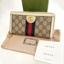 Gucci Ophidia GG Supreme Long Wallet White Canvas Leather Round Zip Double