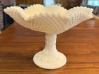 L E Smith WHITE MILK GLASS QUILTED DIAMOND Hobnail CRIMPED SQUARE COMPOTE