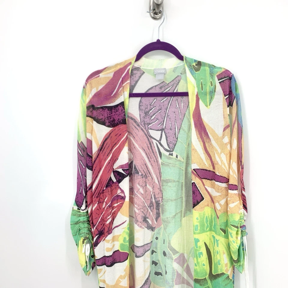 Chicos Women Size 1 Medium Cardigan Open Front Long Duster Top Green Pink Print - Image 2 of 4