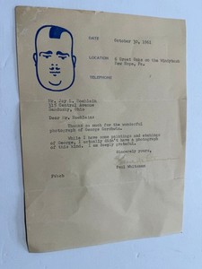 autographed letter 1961 PAUL WHITEHEAD bandleader orchestra POTATO HEAD Gershwin