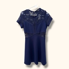 Express Dress Women M Navy Lace Fit Flare Short Sleeve Skater Party Back Zip NWT