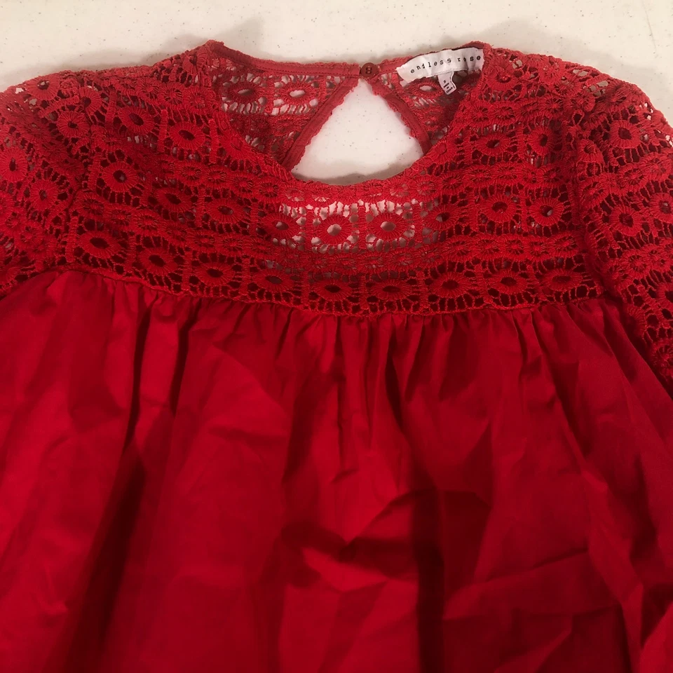 Endless Rose 钩针花边衬衫女式上衣喇叭袖红色 S 节浪漫 — 第 3/4 张图片
